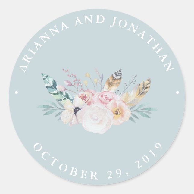 Rustic Boho Wedding | Blue Classic Round Sticker (Front)