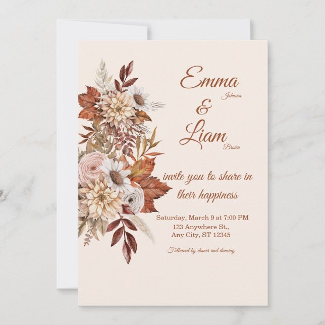 Rustic Boho Wedding Invitation | Beige Floral Card (Front)