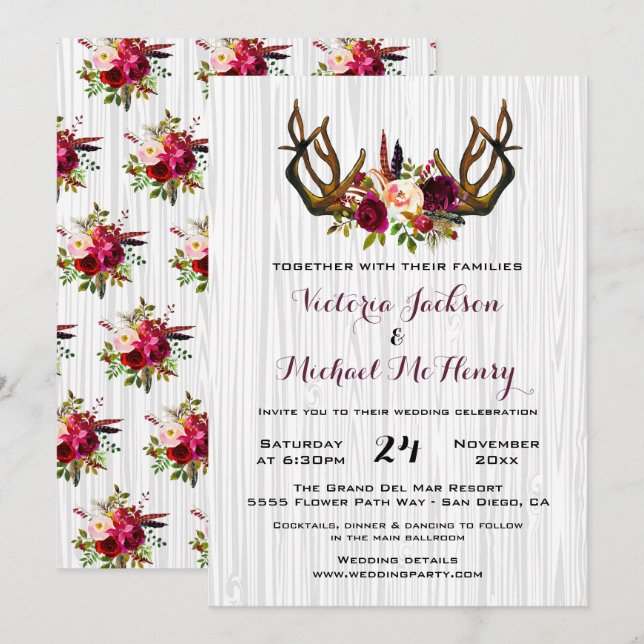 Rustic Boho Wedding Invitation with deer antlers (Front/Back)