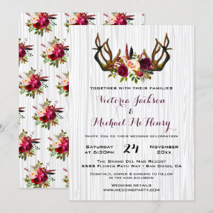 Rustic Boho Wedding Invitation with deer antlers