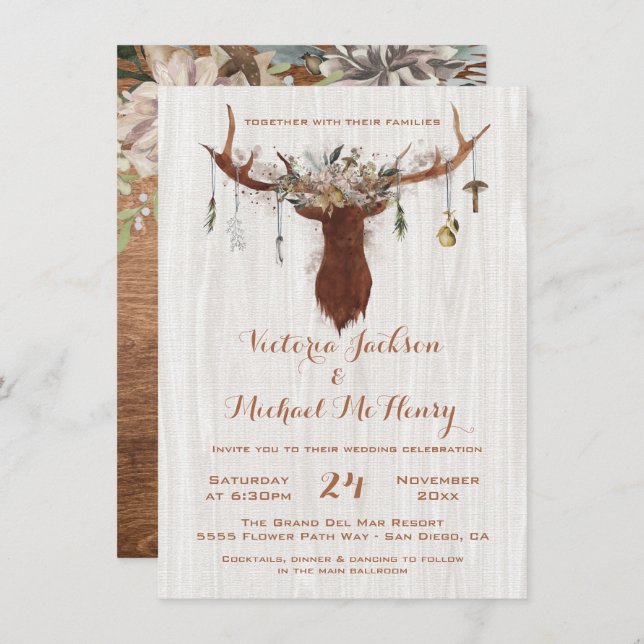 Rustic Boho Wedding Invitation with deer antlers (Front/Back)