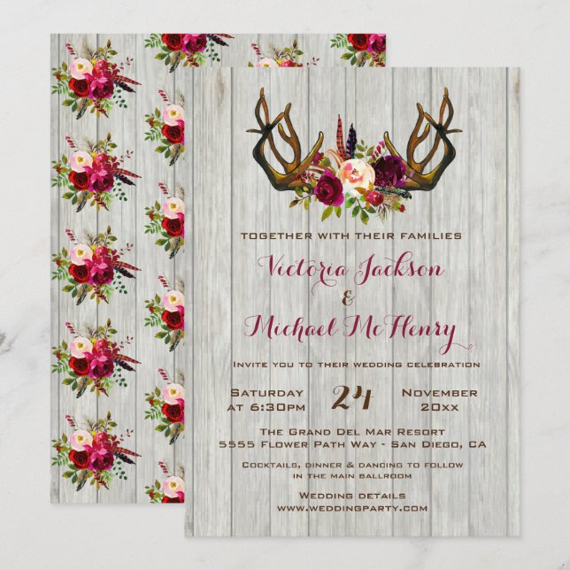 Rustic Boho Wedding Invitation with deer antlers (Front/Back)