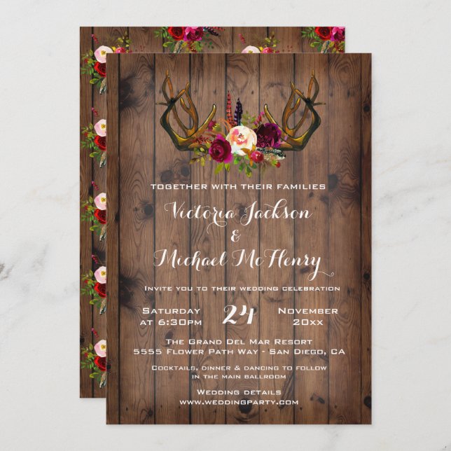Rustic Boho Wedding Invitation with deer antlers (Front/Back)
