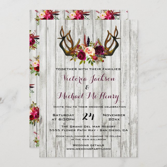Rustic Boho Wedding Invitation with deer antlers (Front/Back)