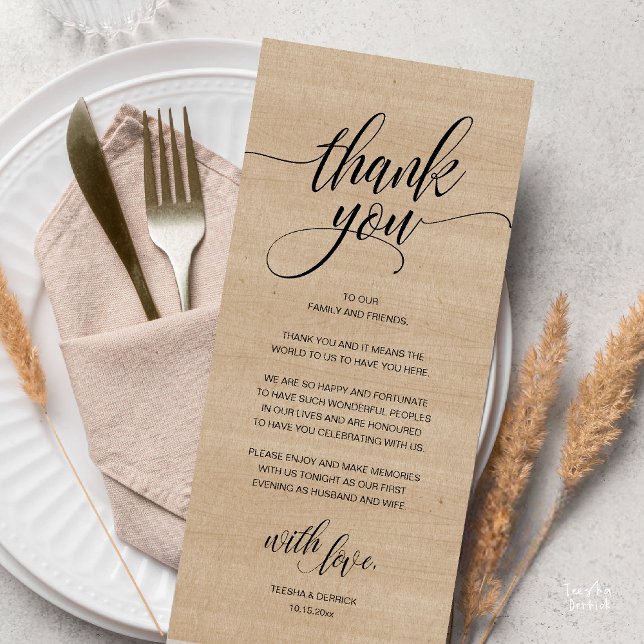 Rustic Boho Wedding Reception Thank You Card (Modern Rustic Wedding Reception Dinner Lunch Brunch Thank You Card Brown Village Wood )
