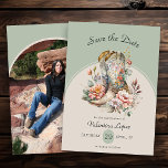 Rustic Boho Western Boots Floral Photo Save The Date<br><div class="desc">Photo Save the Date with bohemian floral cowgirl boots, roses and country flowers. The design has vintage and classic lettering, set within an elegant modern arch shape, on a base colour of sage green and neutral beige. Perfect for boho floral, western, equestrian, rodeo and rustic country themes at any time...</div>