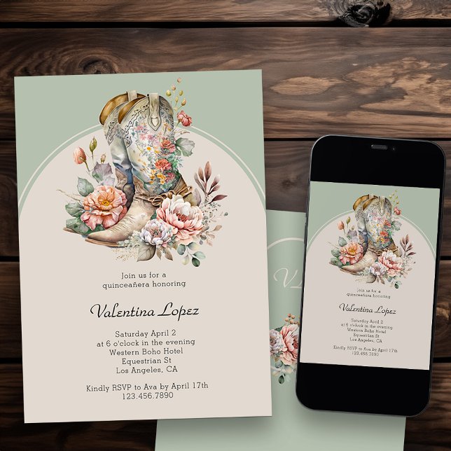 Rustic Boho Western Boots Floral Quinceanera Invitation (Western theme invitation from my Boho Floral Cowgirl Boots Quinceanera Collection)