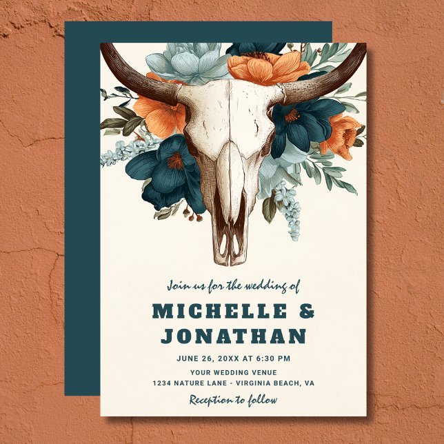 Rustic Boho Western Cow Skull Floral Wedding Invitation (Rustic Boho Western Cow Skull Floral Wedding Invitation)