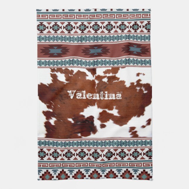 Rustic Boho Western Cowhide Name Tea Towel (Vertical)