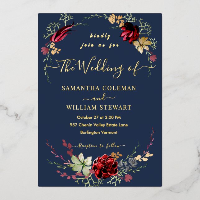 Rustic Boho Wildflower Elegant Navy Wedding (Front)