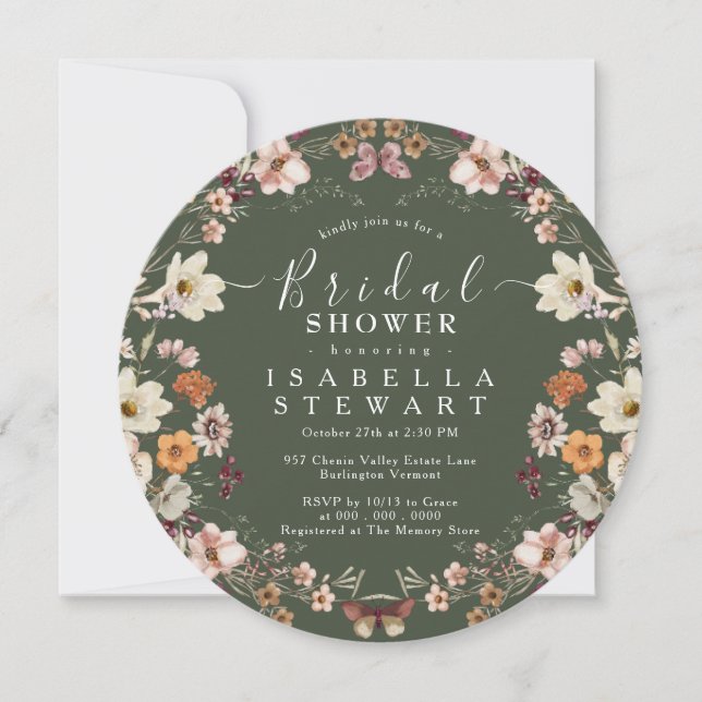Rustic Boho Wildflower Forest Green Bridal Shower Invitation (Front)