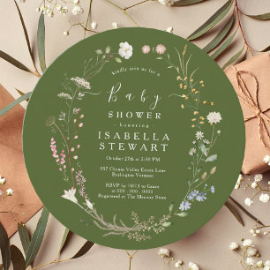 Rustic Boho Wildflower Moss Green Baby Shower Invitation