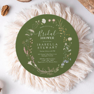 Rustic Boho Wildflower Moss Green Bridal Shower Invitation