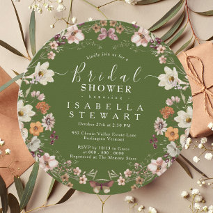 Rustic Boho Wildflower Moss Green Bridal Shower Invitation