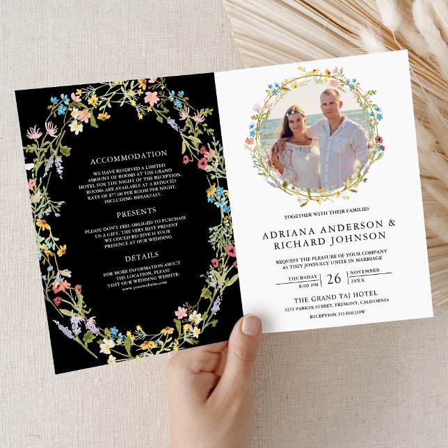 Rustic Boho Wildflower Photo QR Code Black Wedding Invitation (Creator Uploaded)