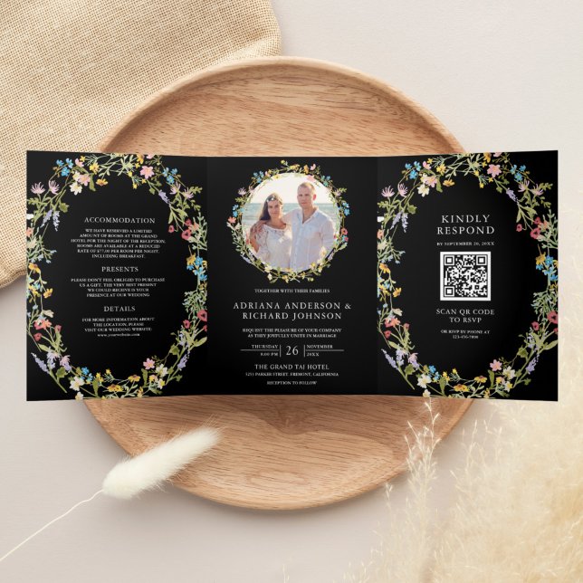 Rustic Boho Wildflower Photo QR Code Black Wedding Tri-Fold Invitation (Creator Uploaded)