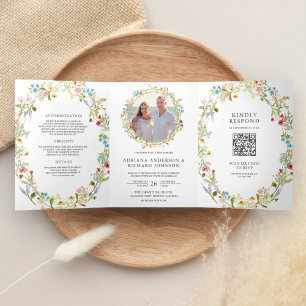 Rustic Boho Wildflower Photo QR Code Wedding Tri-Fold Invitation