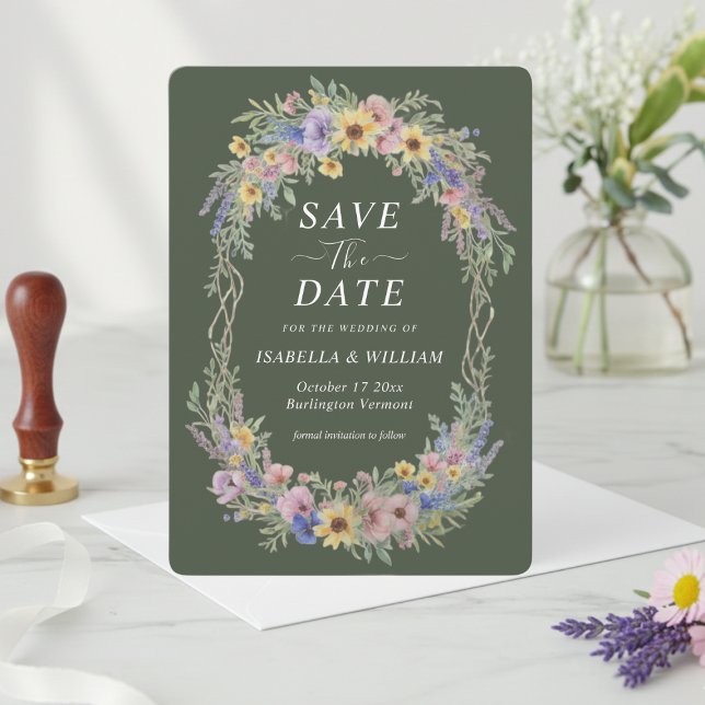 Rustic Boho Wildflower Save The Date Forest Green Invitation (Creator Uploaded)