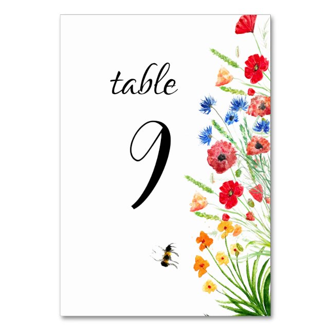 Rustic Boho Wildflower Watercolor Floral Wedding Table Number (Front)