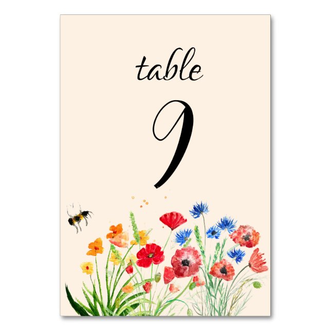 Rustic Boho Wildflower Watercolor Floral Wedding Table Number (Front)