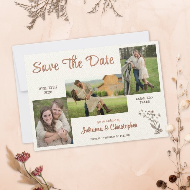 Rustic Boho Wildflowers 3 Photo Copper Script Save The Date (Creator Uploaded)
