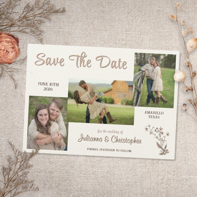 Rustic Boho Wildflowers 3 Photo Script Save The Date (Creator Uploaded)