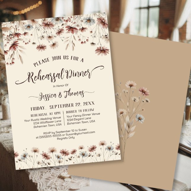 Rustic Boho Wildflowers Wedding Rehearsal & Dinner Invitation (Front/Back)