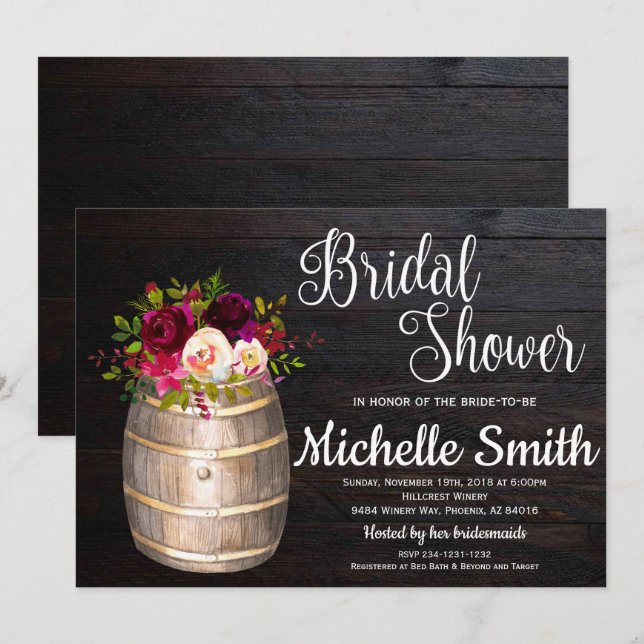 Rustic Boho Wine Barrel Burgundy Red Bridal Shower Invitation (Front/Back)