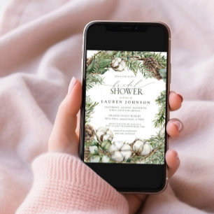 Rustic Boho Winter Greenery Pinecone Bridal Shower Invitation