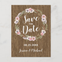 Rustic Boho Wood Floral Save the Date Postcard