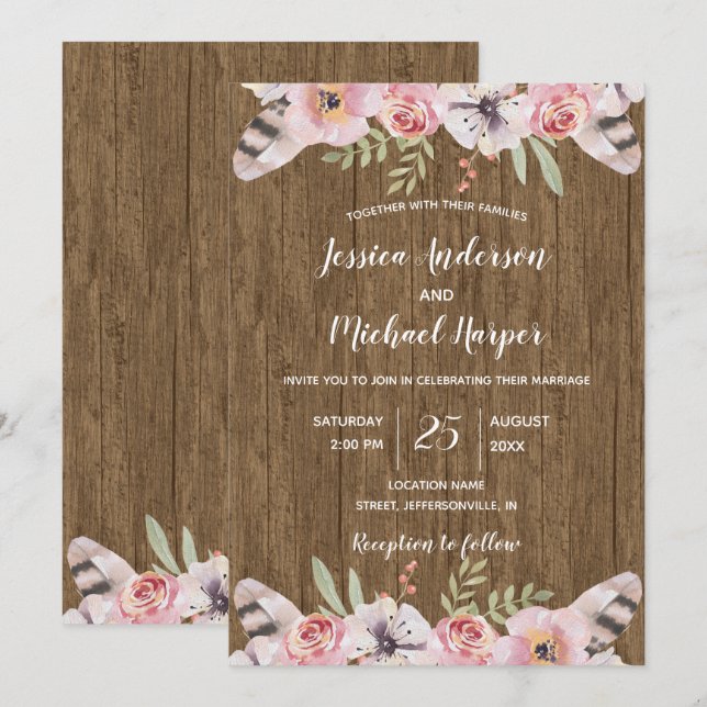 Rustic Boho Wood Floral Wedding Card (Front/Back)