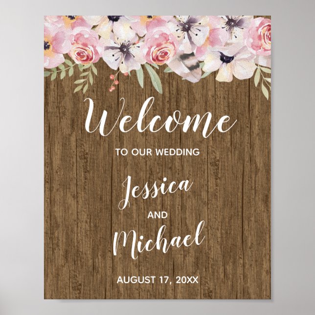 Rustic Boho Wood Floral Wedding Welcome Sign (Front)