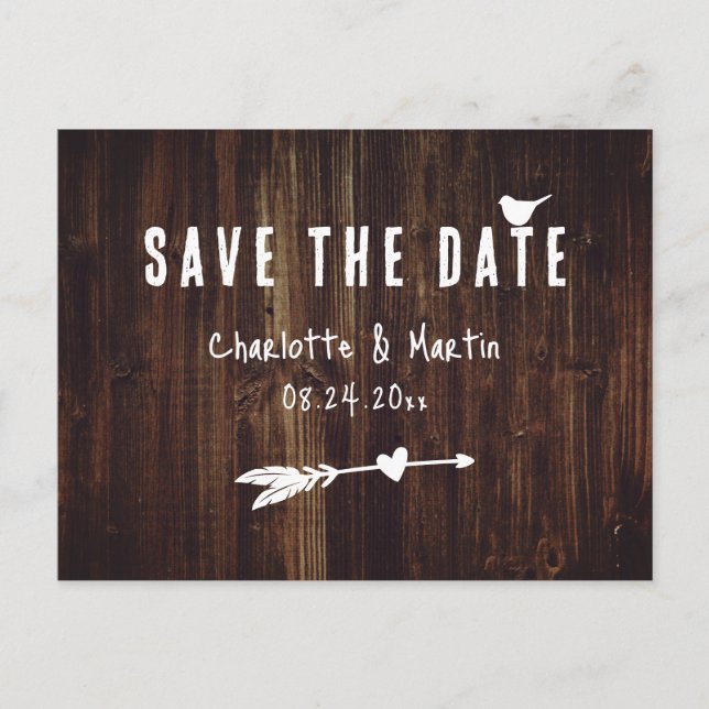 Rustic Boho Wood Heart Wedding Save The Date Postcard (Front)