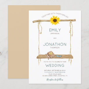 Rustic Boho Wooden Swing Sunflower Rings Wedding Invitation