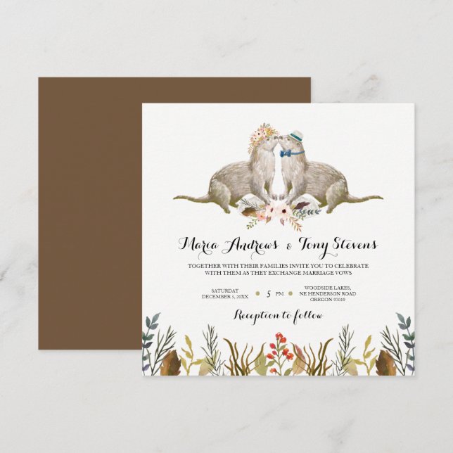 Rustic Boho Woodland Otter Watercolor Wedding Invitation (Front/Back)