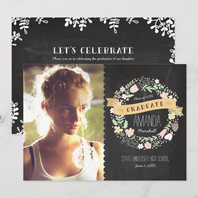 Rustic Boho Wreath Chalkboard Graduation Photo Invitation (Front/Back)