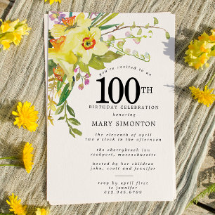 Rustic Boho Yellow Daffodil 100th Birthday Invitation