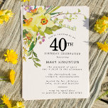 Rustic Boho Yellow Daffodil 40th Birthday Invitation<br><div class="desc">Beautiful spring floral arrangement features yellow and white daffodils. The assorted greenery and daffodil stems give it modern Boho vibe. The back of the 40th birthday invitation is bright sunny yellow. Perfect choice for a spring birthday party.</div>