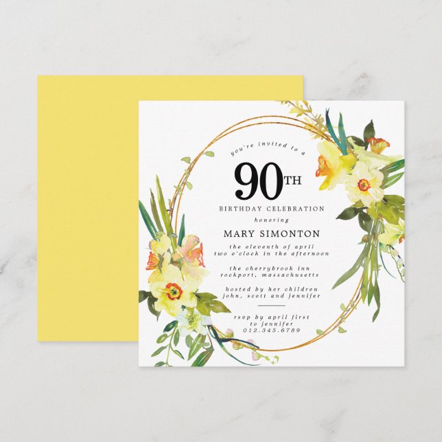 Rustic Boho Yellow Daffodil 90th Birthday Invitation (Front/Back)