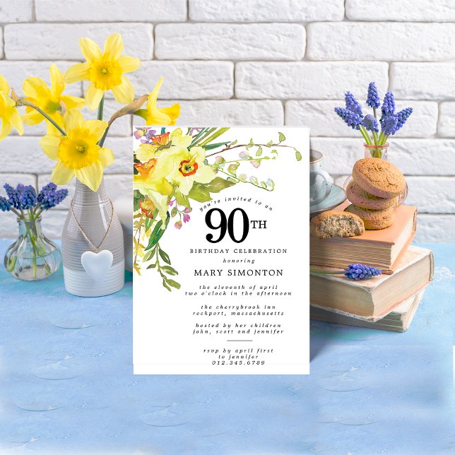 Rustic Boho Yellow Daffodil 90th Birthday Invitation (Creator Uploaded)