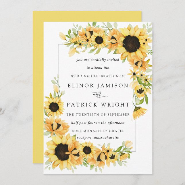 Rustic Boho Yellow Sunflower Summer Wedding Invitation (Front/Back)