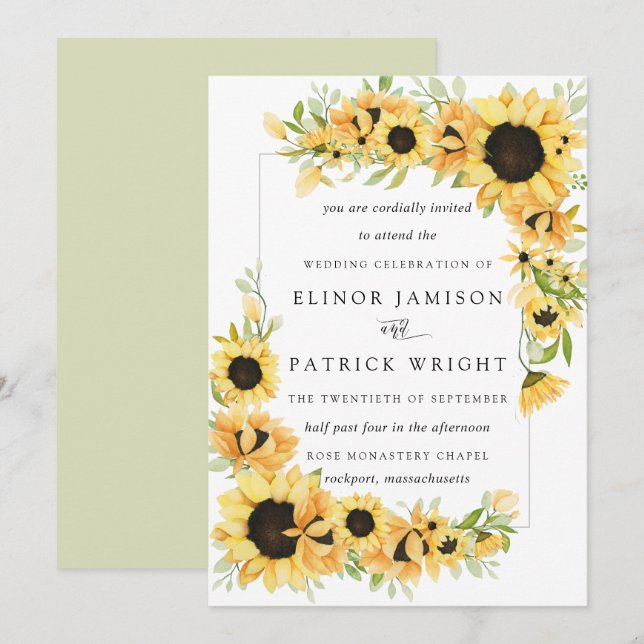 Rustic Boho Yellow Sunflower Summer Wedding Invitation (Front/Back)
