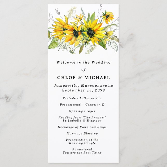 Rustic Boho Yellow Sunflowers Floral Wedding Programme (Front)