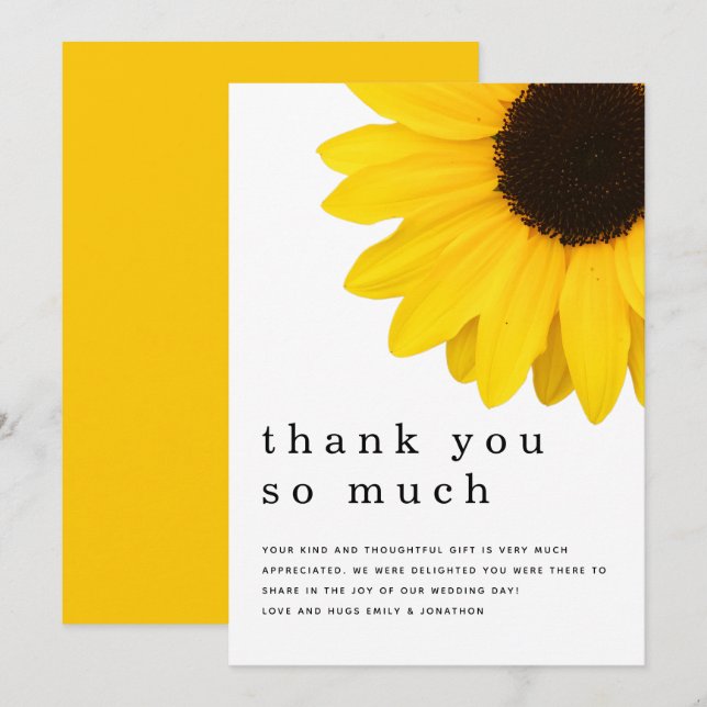 Rustic Bold Yellow Sunflower Newlywed Thank You Card (Front/Back)