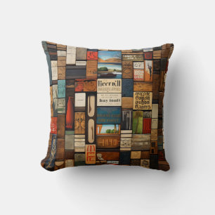 Rustic Book and Sign Typography Art Collage Cushion