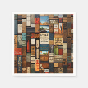 Rustic Book and Sign Typography Art Collage Napkin