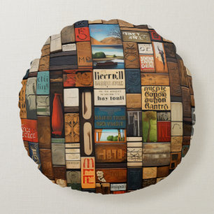 Rustic Book and Sign Typography Art Collage Round Cushion