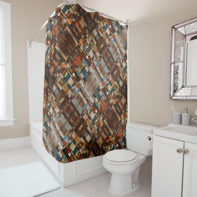 Rustic Book and Sign Typography Art Collage Shower Curtain (In Situ)