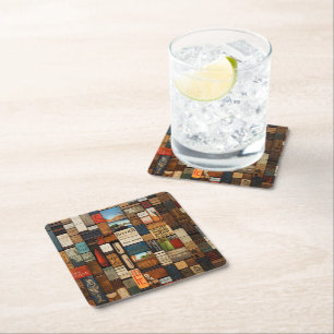 Rustic Book and Sign Typography Art Collage Square Paper Coaster