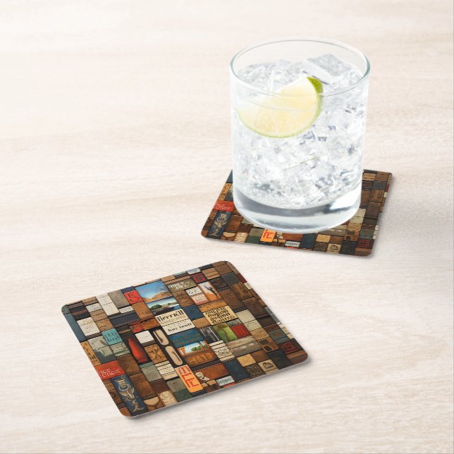 Rustic Book and Sign Typography Art Collage Square Paper Coaster (Insitu)